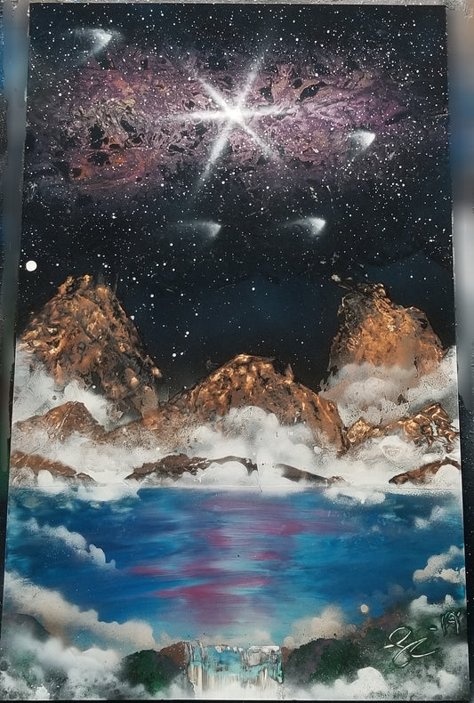Purple galaxy waterfall painting