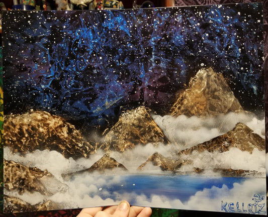 Original Painting Night time blue sky mountains