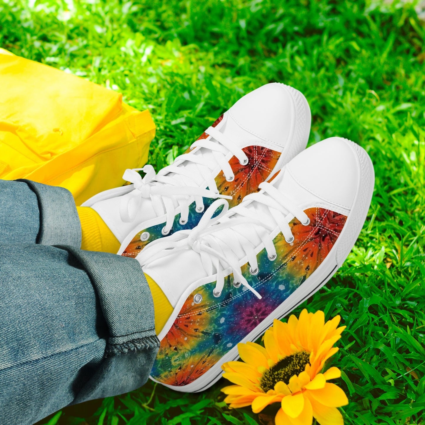 Mandala explosion High-Top Canvas Shoes - White/Black